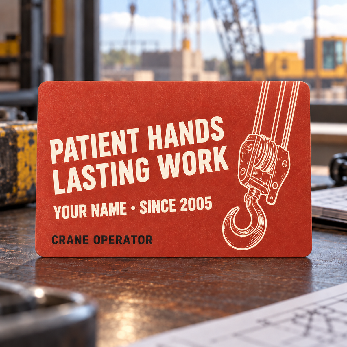 Crane Operator Patient Hands aluminum wallet card with cream Patient Hands, Lasting Work lettering and a crane-hoist illustration on a brick-red front, standing on a planning desk.