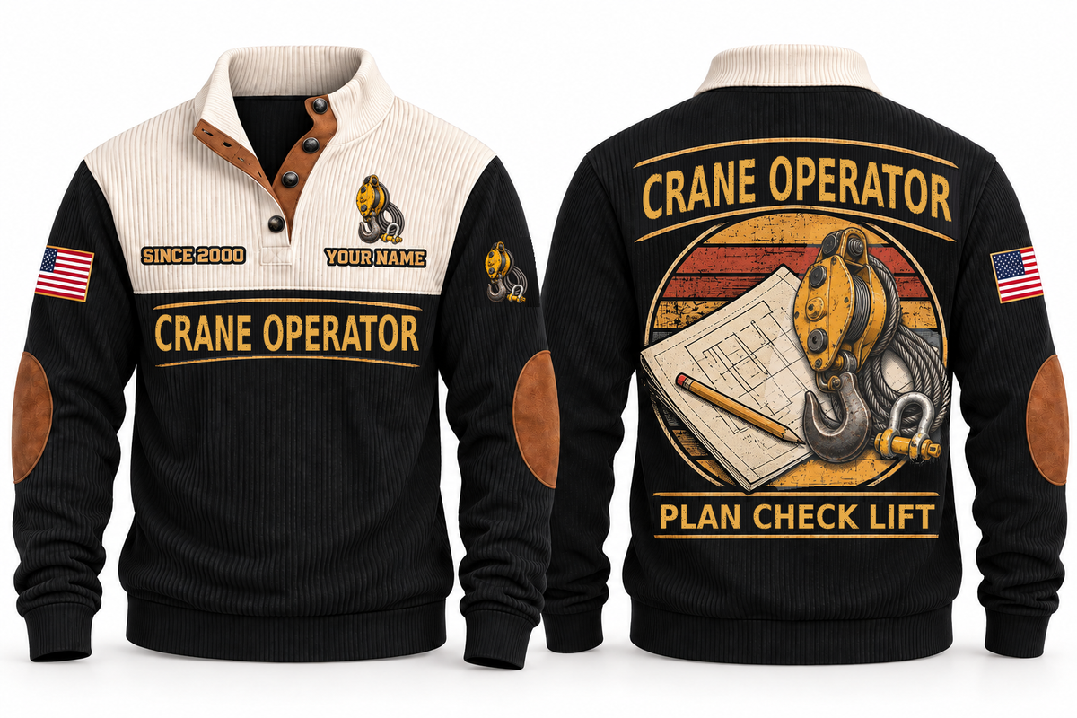 Crane Operator Plan Check Lift Sports Sweatshirt in Black, front and back, with a vintage crane pulley hook, wire-rope sling and shackle over a plan-sheet sunset roundel, CRANE OPERATOR and PLAN CHECK LIFT lettering, and sample YOUR NAME and SINCE 2000 text.