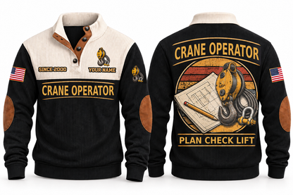 Crane Operator Plan Check Lift Sports Sweatshirt in Black, front and back, with a vintage crane pulley hook, wire-rope sling and shackle over a plan-sheet sunset roundel, CRANE OPERATOR and PLAN CHECK LIFT lettering, and sample YOUR NAME and SINCE 2000 text.