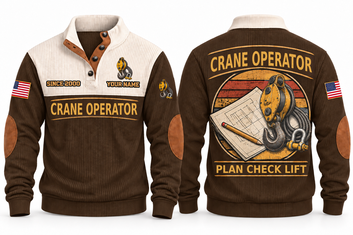 Crane Operator Plan Check Lift Sports Sweatshirt in Brown, front and back, with a vintage crane pulley hook, wire-rope sling and shackle over a plan-sheet sunset roundel, CRANE OPERATOR and PLAN CHECK LIFT lettering, and sample YOUR NAME and SINCE 2000 text.