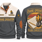 Crane Operator Plan Check Lift Sports Sweatshirt in Grey, front and back, with a vintage crane pulley hook, wire-rope sling and shackle over a plan-sheet sunset roundel, CRANE OPERATOR and PLAN CHECK LIFT lettering, and sample YOUR NAME and SINCE 2000 text.