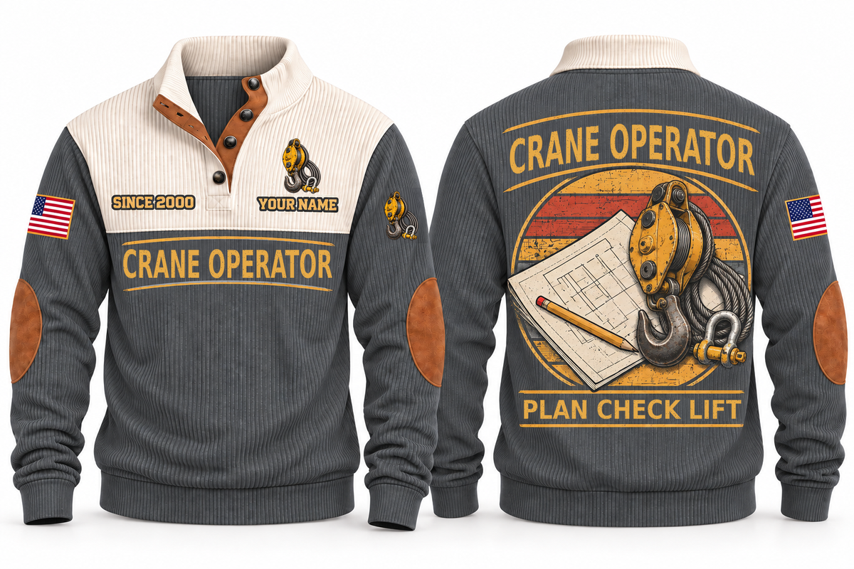 Crane Operator Plan Check Lift Sports Sweatshirt in Grey, front and back, with a vintage crane pulley hook, wire-rope sling and shackle over a plan-sheet sunset roundel, CRANE OPERATOR and PLAN CHECK LIFT lettering, and sample YOUR NAME and SINCE 2000 text.