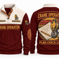 Crane Operator Plan Check Lift Sports Sweatshirt in Jujube Red, front and back, with a vintage crane pulley hook, wire-rope sling and shackle over a plan-sheet sunset roundel, CRANE OPERATOR and PLAN CHECK LIFT lettering, and sample YOUR NAME and SINCE 2000 text.