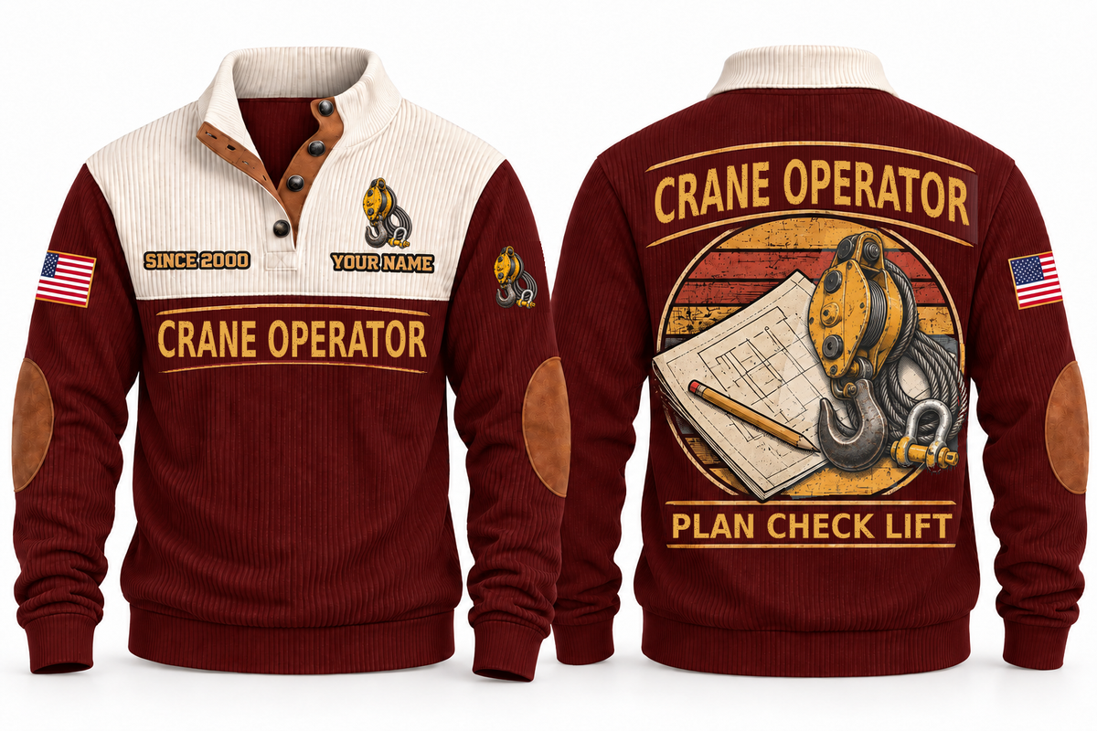 Crane Operator Plan Check Lift Sports Sweatshirt in Jujube Red, front and back, with a vintage crane pulley hook, wire-rope sling and shackle over a plan-sheet sunset roundel, CRANE OPERATOR and PLAN CHECK LIFT lettering, and sample YOUR NAME and SINCE 2000 text.