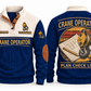 Crane Operator Plan Check Lift Sports Sweatshirt in Navy, front and back, with a vintage crane pulley hook, wire-rope sling and shackle over a plan-sheet sunset roundel, CRANE OPERATOR and PLAN CHECK LIFT lettering, and sample YOUR NAME and SINCE 2000 text.