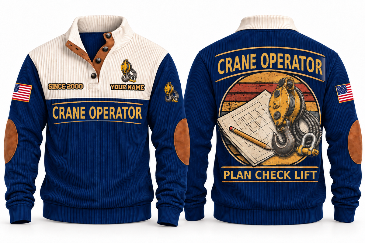 Crane Operator Plan Check Lift Sports Sweatshirt in Navy, front and back, with a vintage crane pulley hook, wire-rope sling and shackle over a plan-sheet sunset roundel, CRANE OPERATOR and PLAN CHECK LIFT lettering, and sample YOUR NAME and SINCE 2000 text.
