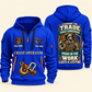 Crane Operator Pride in the Trade Quarter-Zip Hoodie in Blue, authentic overlapping front and back views with crane operator artwork and source sample name/year lettering.