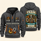 Crane Operator Pride in the Trade Quarter-Zip Hoodie in Gray, authentic overlapping front and back views with crane operator artwork and source sample name/year lettering.