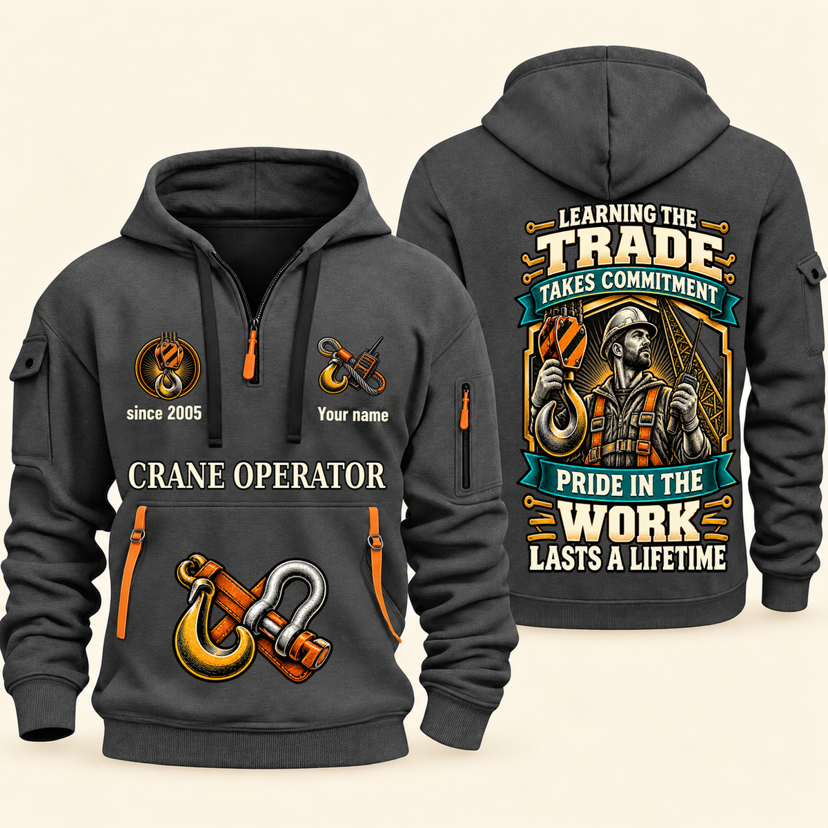 Crane Operator Pride in the Trade Quarter-Zip Hoodie in Gray, authentic overlapping front and back views with crane operator artwork and source sample name/year lettering.