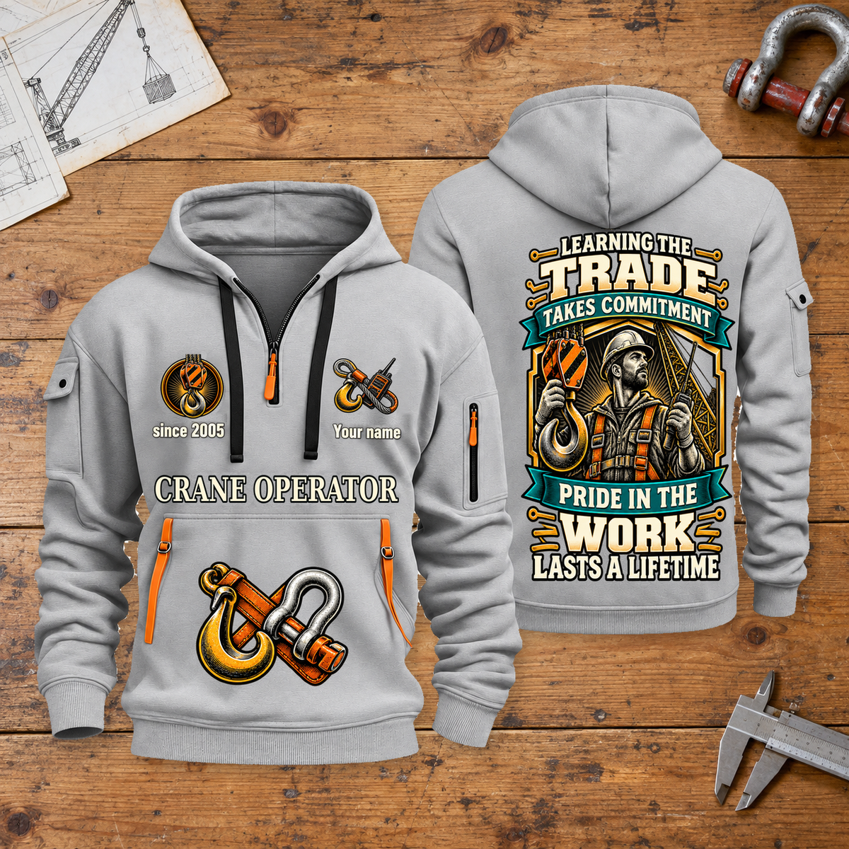Crane Operator Pride in the Trade Quarter-Zip Hoodie in Light Grey, full front and back views on a crane operator workbench.