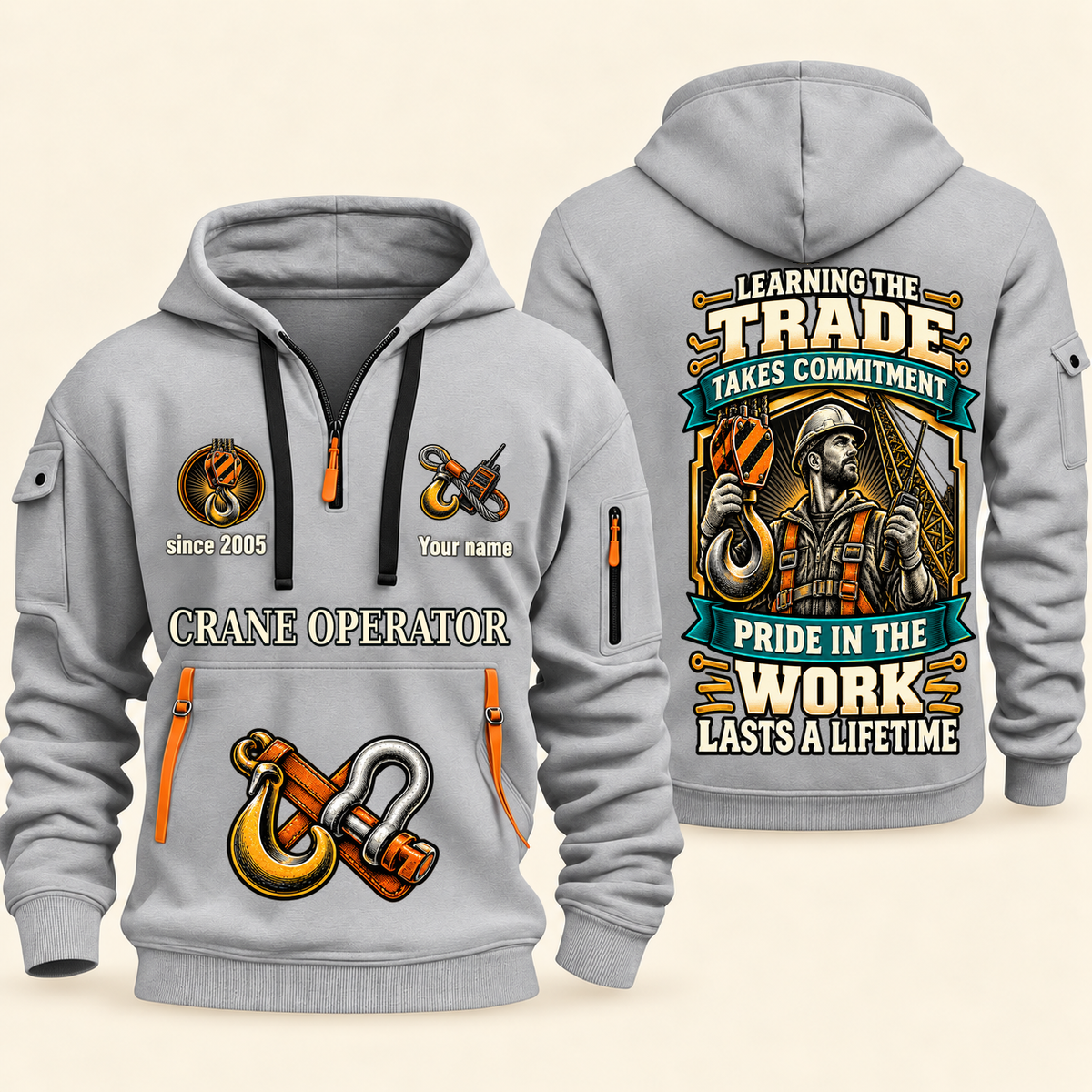 Crane Operator Pride in the Trade Quarter-Zip Hoodie in Light Grey, authentic overlapping front and back views with crane operator artwork and source sample name/year lettering.