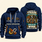 Crane Operator Pride in the Trade Quarter-Zip Hoodie in Navy, authentic overlapping front and back views with crane operator artwork and source sample name/year lettering.