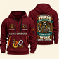 Crane Operator Pride in the Trade Quarter-Zip Hoodie in Wine Red, authentic overlapping front and back views with crane operator artwork and source sample name/year lettering.