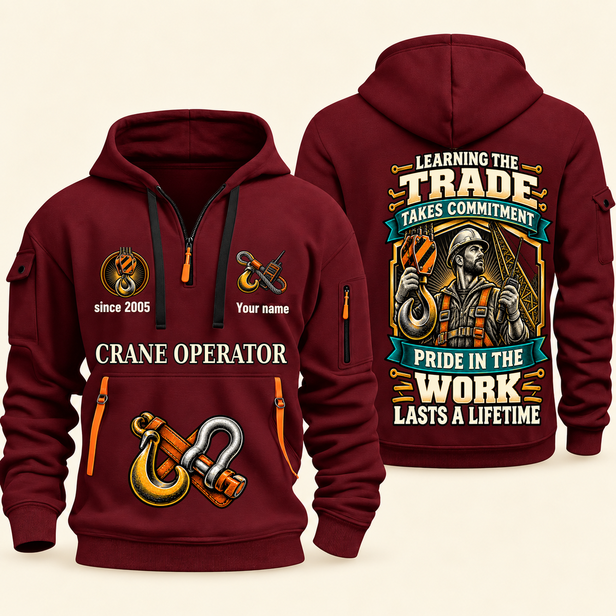 Crane Operator Pride in the Trade Quarter-Zip Hoodie in Wine Red, authentic overlapping front and back views with crane operator artwork and source sample name/year lettering.
