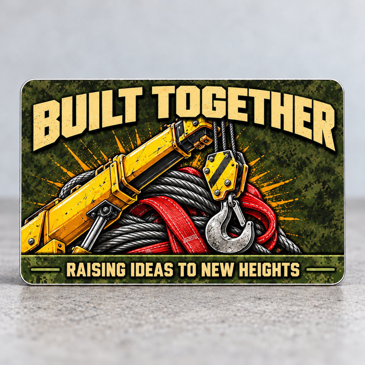 Reverse of the Crane Operator Rugged Field aluminum wallet card, with Built Together and Raising Ideas to New Heights lettering, yellow crane boom, hanging hook, gray wire rope and red lifting sling over olive pixel camouflage.