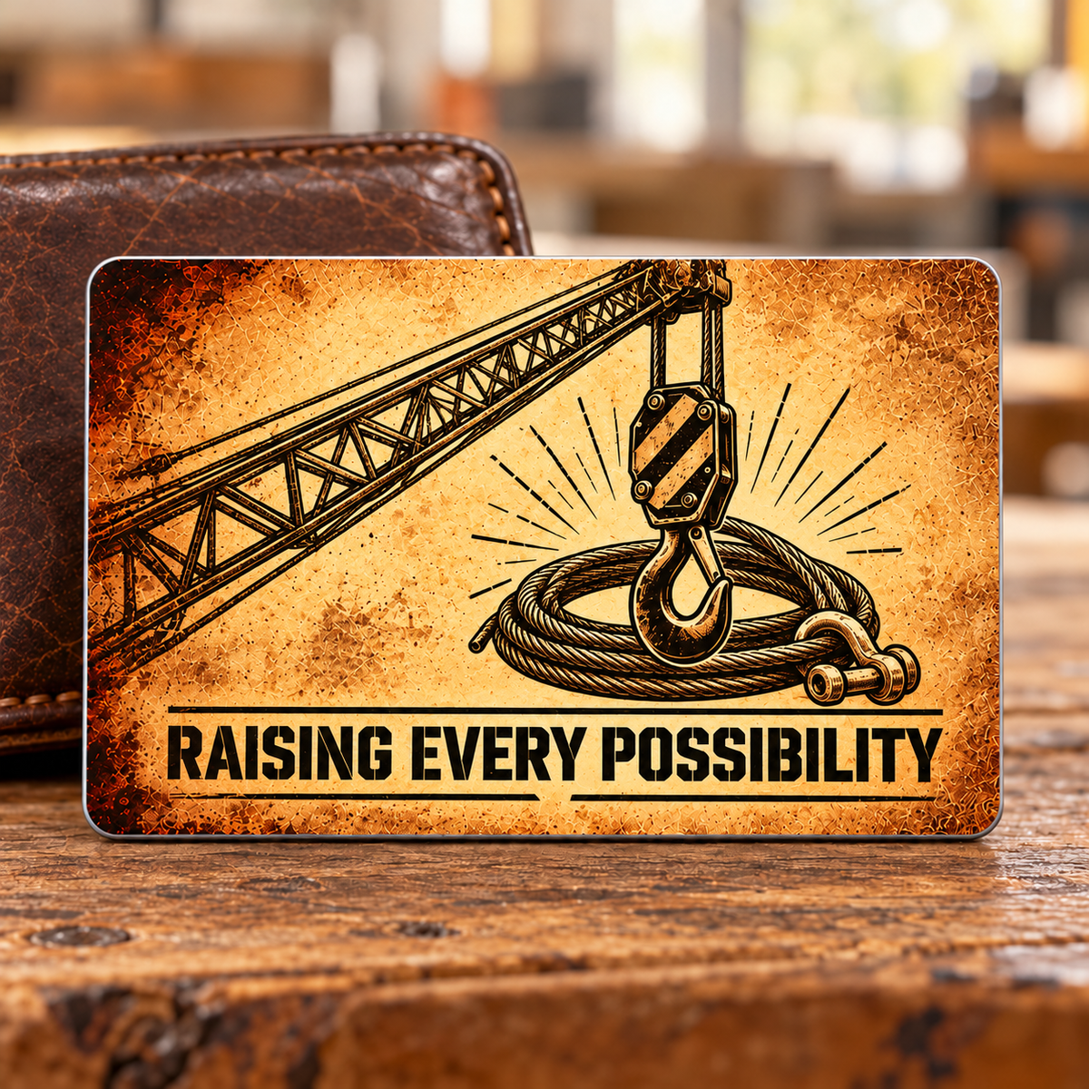 Reverse of the Crane Operator Sepia Legacy aluminum wallet card, with a sepia lattice boom, hoist block and hook, coiled wire rope and shackle above the words RAISING EVERY POSSIBILITY.