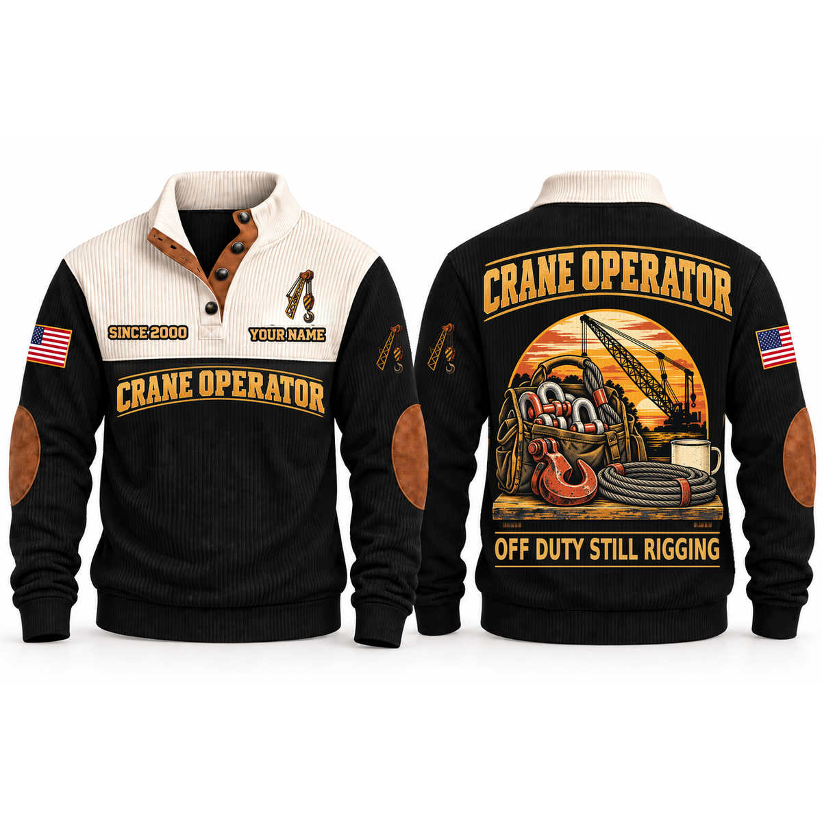 Crane Operator Shift Finished Sports Sweatshirt in Black, front and back garment views with rigging bag, lifting hook, wire rope, crane boom and coffee mug, off-duty trade equipment scene, OFF DUTY STILL RIGGING lettering and source sample YOUR NAME and SINCE 2000 text.