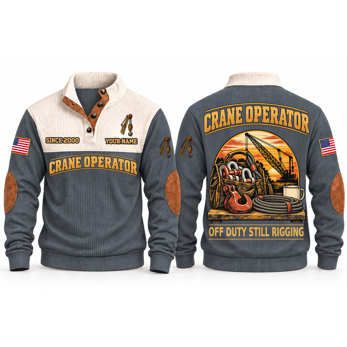 Crane Operator Shift Finished Sports Sweatshirt in Grey, front and back garment views with rigging bag, lifting hook, wire rope, crane boom and coffee mug, off-duty trade equipment scene, OFF DUTY STILL RIGGING lettering and source sample YOUR NAME and SINCE 2000 text.