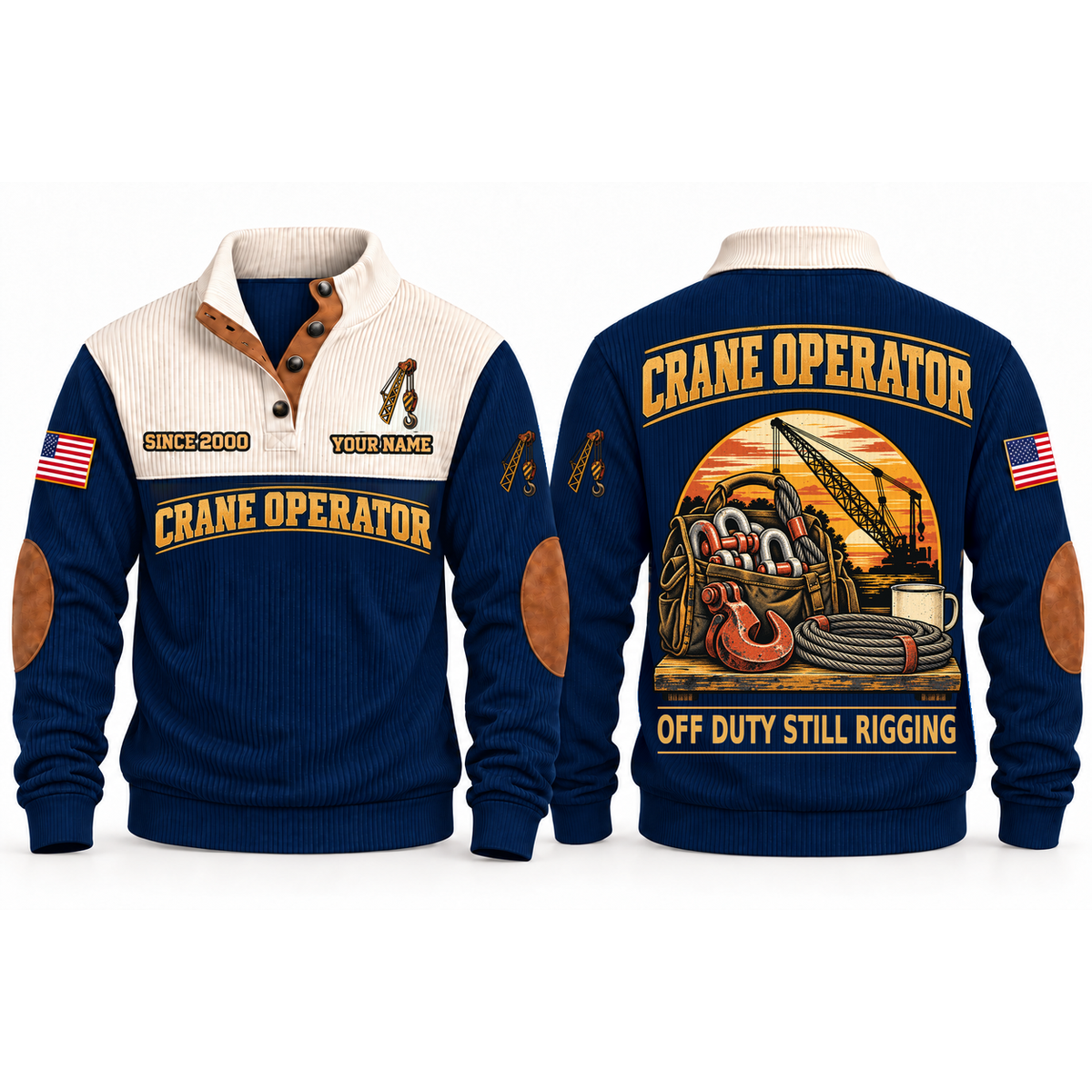 Crane Operator Shift Finished Sports Sweatshirt in Navy, front and back garment views with rigging bag, lifting hook, wire rope, crane boom and coffee mug, off-duty trade equipment scene, OFF DUTY STILL RIGGING lettering and source sample YOUR NAME and SINCE 2000 text.