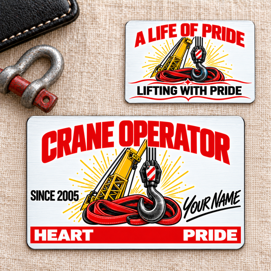 Front and reverse of the Crane Operator Signature Classic aluminum wallet card on cream linen, featuring a yellow crane boom, lifting hook, red rigging, Heart and Pride lettering and a Lifting with Pride reverse.