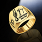 Gold-finish Crane Operator Split Emblem signet ring with split-face hoist hook and tower crane, plus bow-shackle and hook shoulder motifs and illustrated CUSTOM NAME and SINCE 2000 text