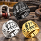 Crane Operator Split Emblem signet rings in a Black-led triangular arrangement, with Silver and Gold finishes on a staged crane-rigging workbench