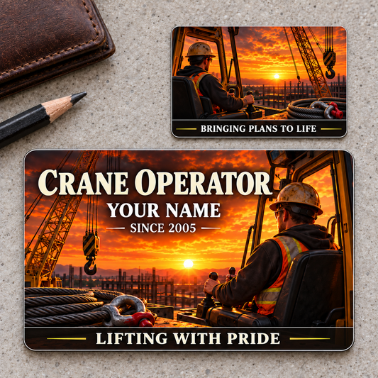 Front and reverse of the Crane Operator Sunset Workday aluminum wallet card on a warm gray tabletop, showing amber sunset skies, seated crane operators, lattice booms, hanging hooks and steel-wire-rope details, with illustrative name and year.