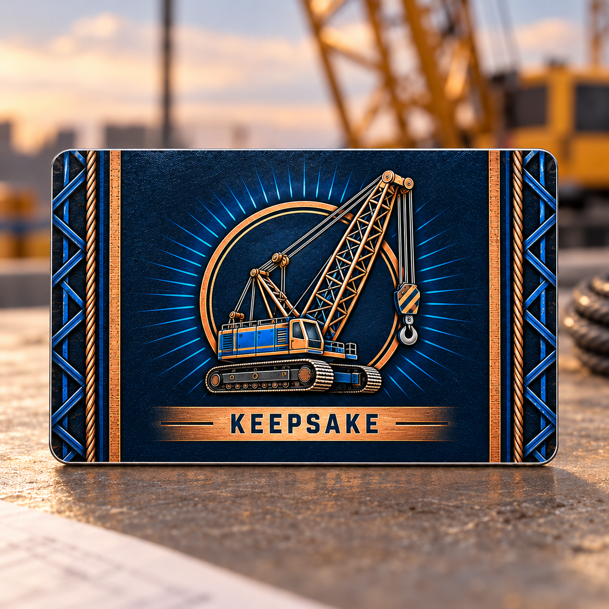 Reverse of the Crane Operator Toolmark Heritage aluminum wallet card, with matching lattice-boom crane, suspended hook, blue rays and a copper Keepsake banner on a navy background.