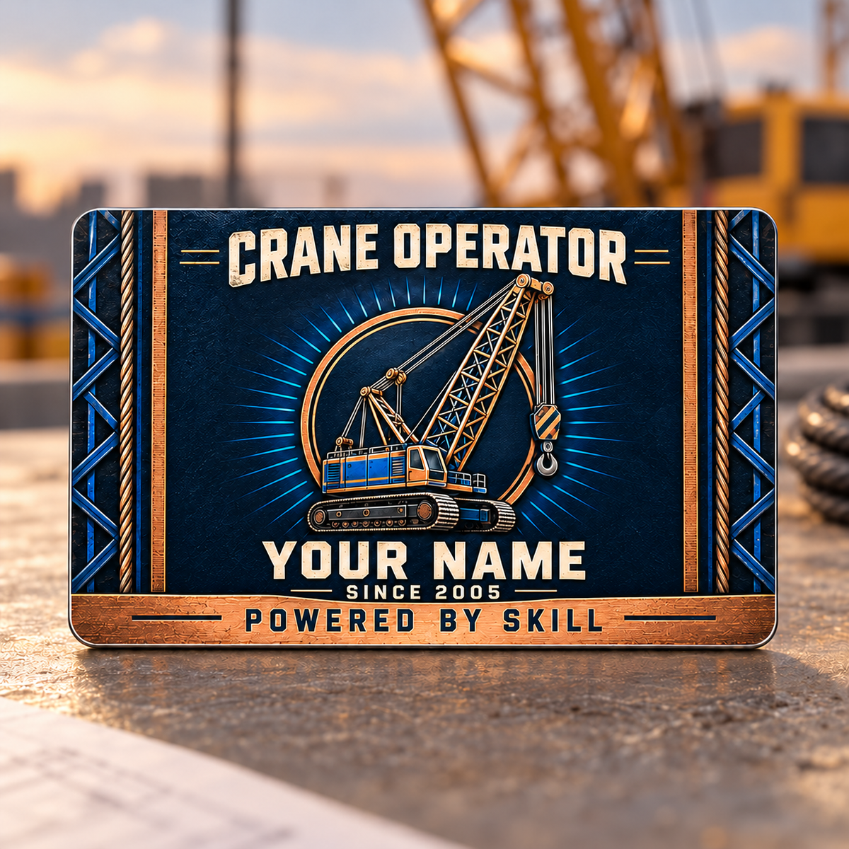 Front of the Crane Operator Toolmark Heritage aluminum wallet card with navy, copper and blue crawler-crane artwork, hook and rigging, illustrative Your Name text and Powered by Skill lettering on a crane-site planning desk.