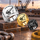 Crane Operator Trade Emblem signet rings in a Silver-led stepped horizontal arrangement with Gold and Black finishes on a staged crane-rigging workbench