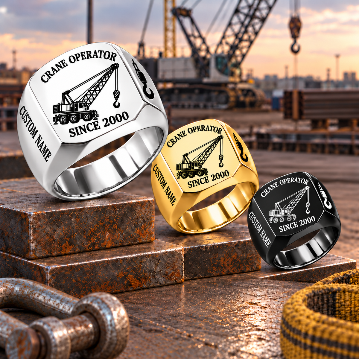 Crane Operator Trade Emblem signet rings in a Silver-led stepped horizontal arrangement with Gold and Black finishes on a staged crane-rigging workbench