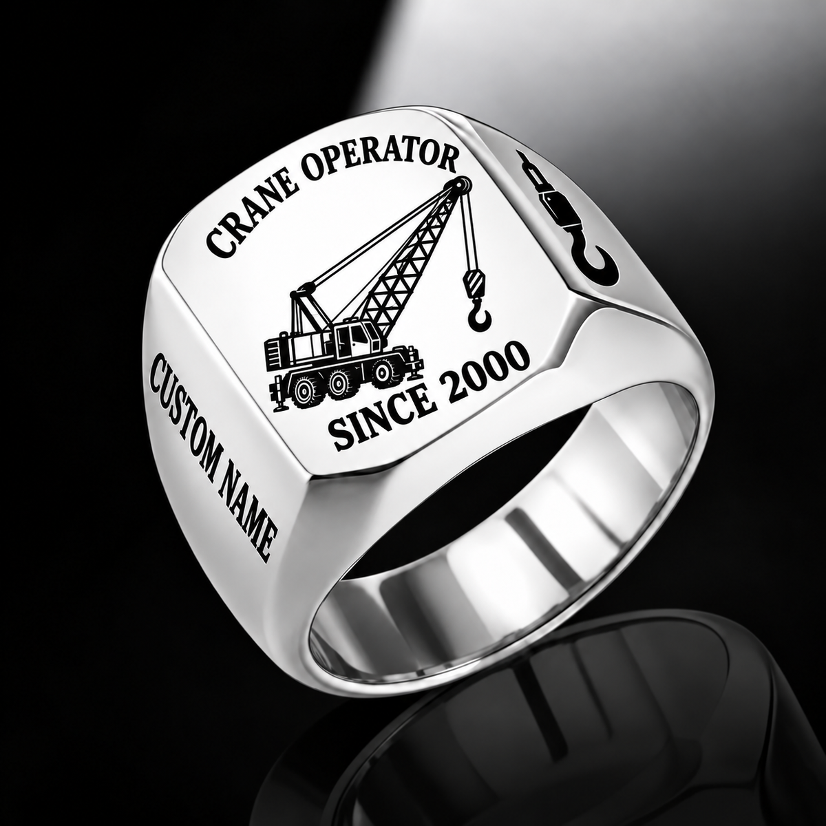 Silver-finish Crane Operator Trade Emblem signet ring with lattice-boom crane, suspended hoist, shoulder hook and illustrated CUSTOM NAME and SINCE 2000 text