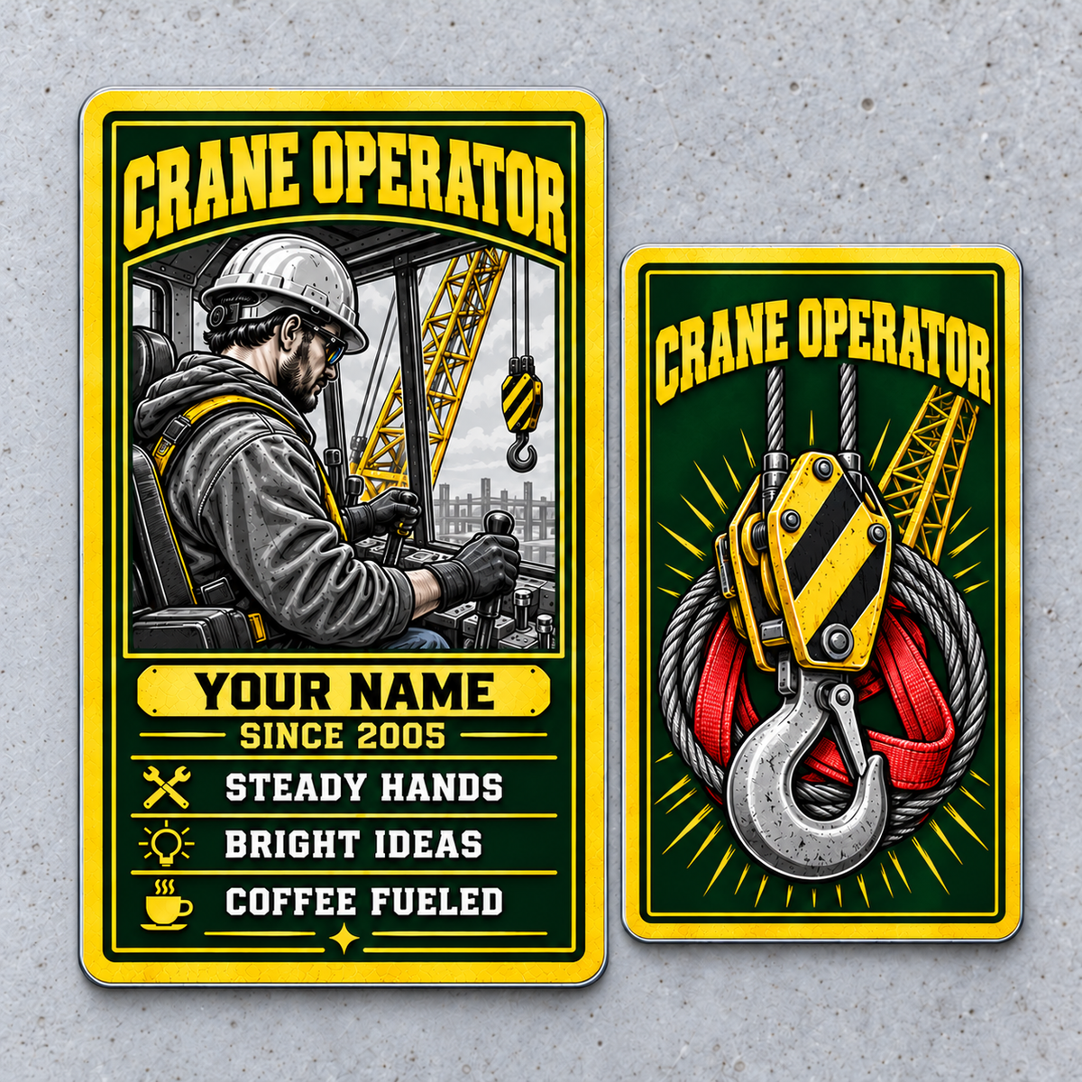 Front and reverse views of the portrait Crane Operator Trade Legend aluminum wallet card on a pale gray tabletop, with green-and-gold borders, a grayscale crane-cab operator, illustrative name and year, and crane hook, steel rope and red sling artwork.