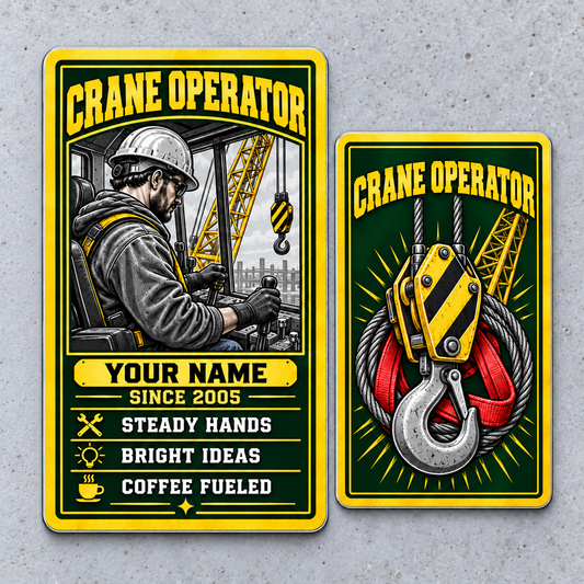 Front and reverse views of the portrait Crane Operator Trade Legend aluminum wallet card on a pale gray tabletop, with green-and-gold borders, a grayscale crane-cab operator, illustrative name and year, and crane hook, steel rope and red sling artwork.