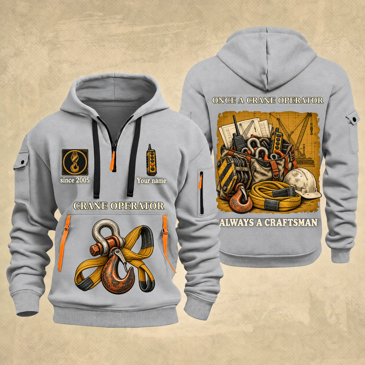 Crane Operator Trade For Life Quarter-Zip Hoodie in Light Grey, full authentic front and back views with matching crane operator tools and equipment artwork, original sample name/year, niche-specific ONCE A headline and original ALWAYS A CRAFTSMAN footer.