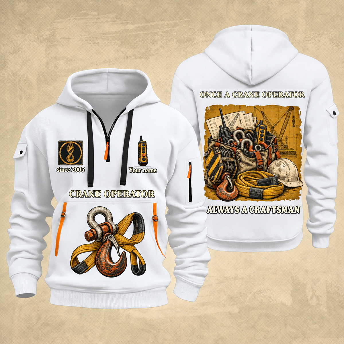 Crane Operator Trade For Life Quarter-Zip Hoodie in White, full authentic front and back views with matching crane operator tools and equipment artwork, original sample name/year, niche-specific ONCE A headline and original ALWAYS A CRAFTSMAN footer.