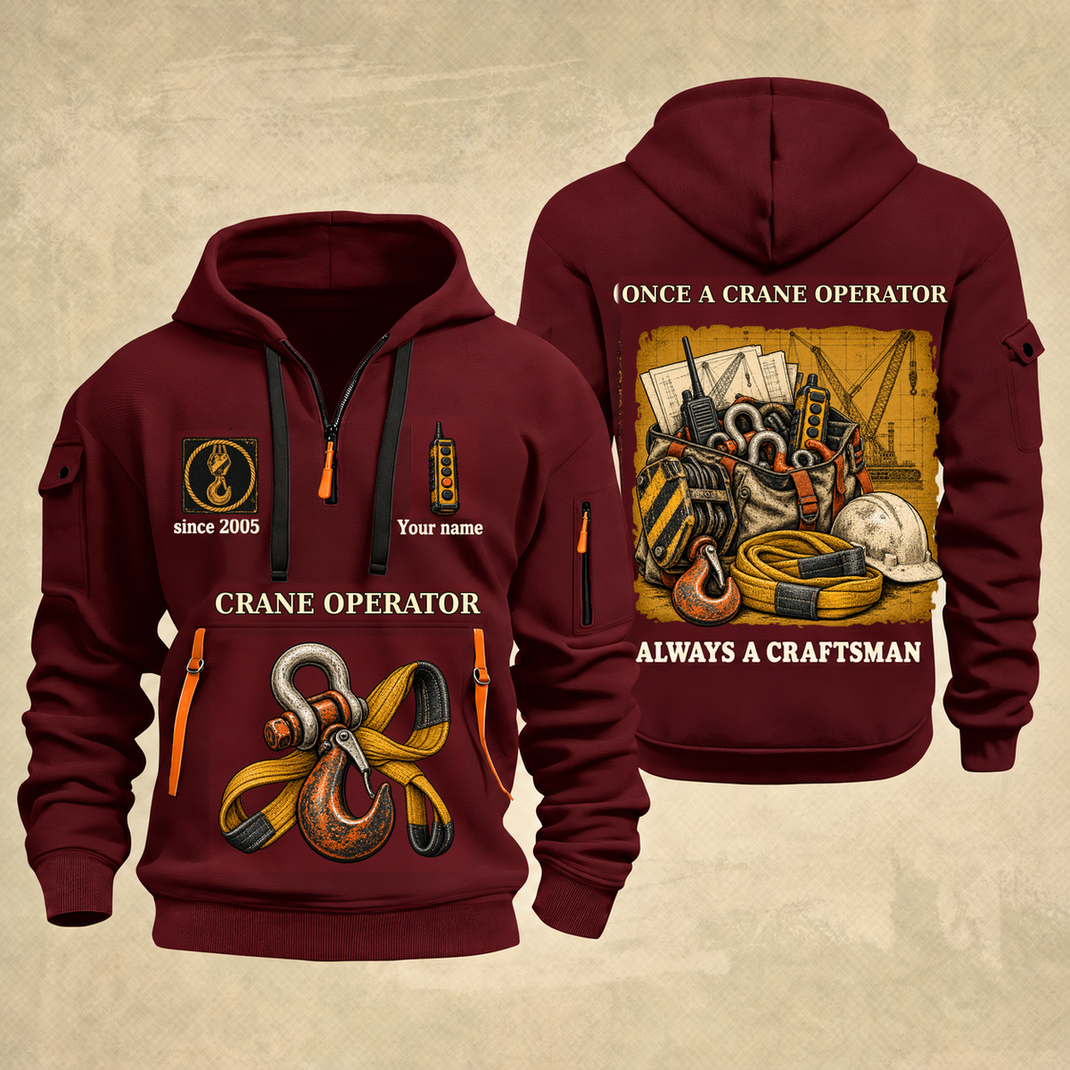 Crane Operator Trade For Life Quarter-Zip Hoodie in Wine Red, full authentic front and back views with matching crane operator tools and equipment artwork, original sample name/year, niche-specific ONCE A headline and original ALWAYS A CRAFTSMAN footer.