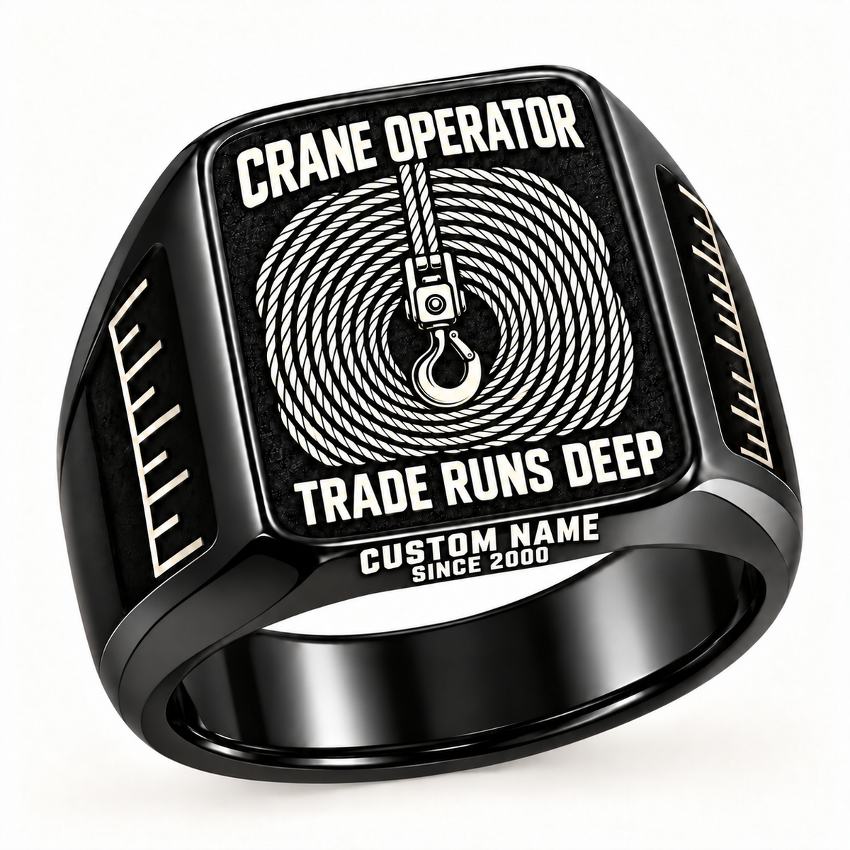 Crane Operator Trade Runs Deep Signet Ring – Black with CUSTOM NAME and SINCE 2000