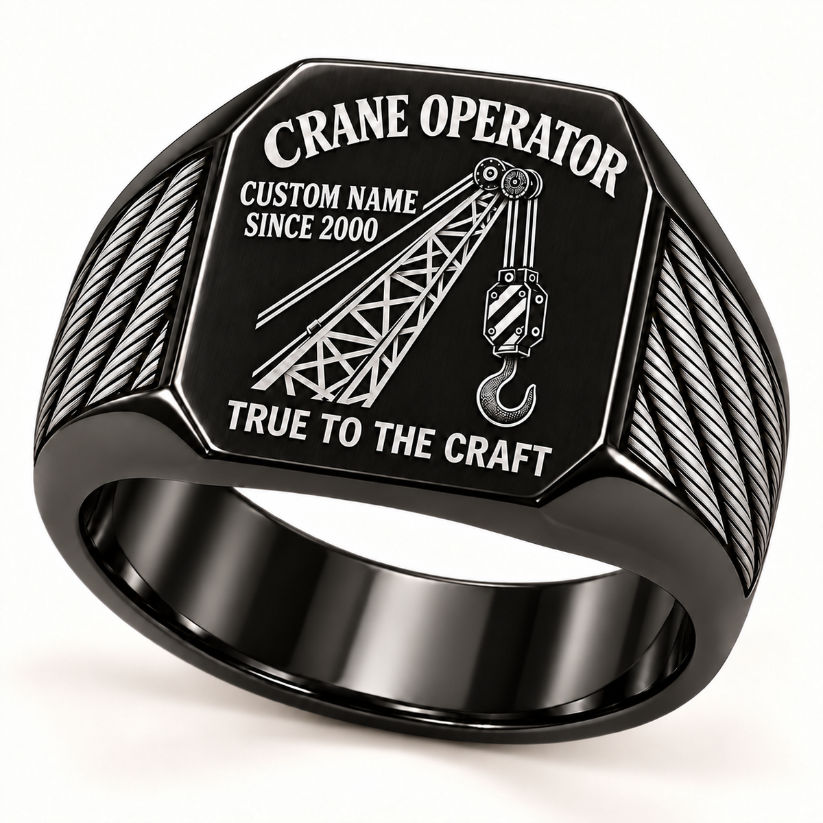 Crane Operator True to the Craft Signet Ring – Black with CUSTOM NAME and SINCE 2000