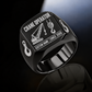 Black-finish Crane Operator Twin Icons signet ring with lattice-crane and hoist-hook emblems, shoulder hooks and illustrated CUSTOM NAME and SINCE 2000 text