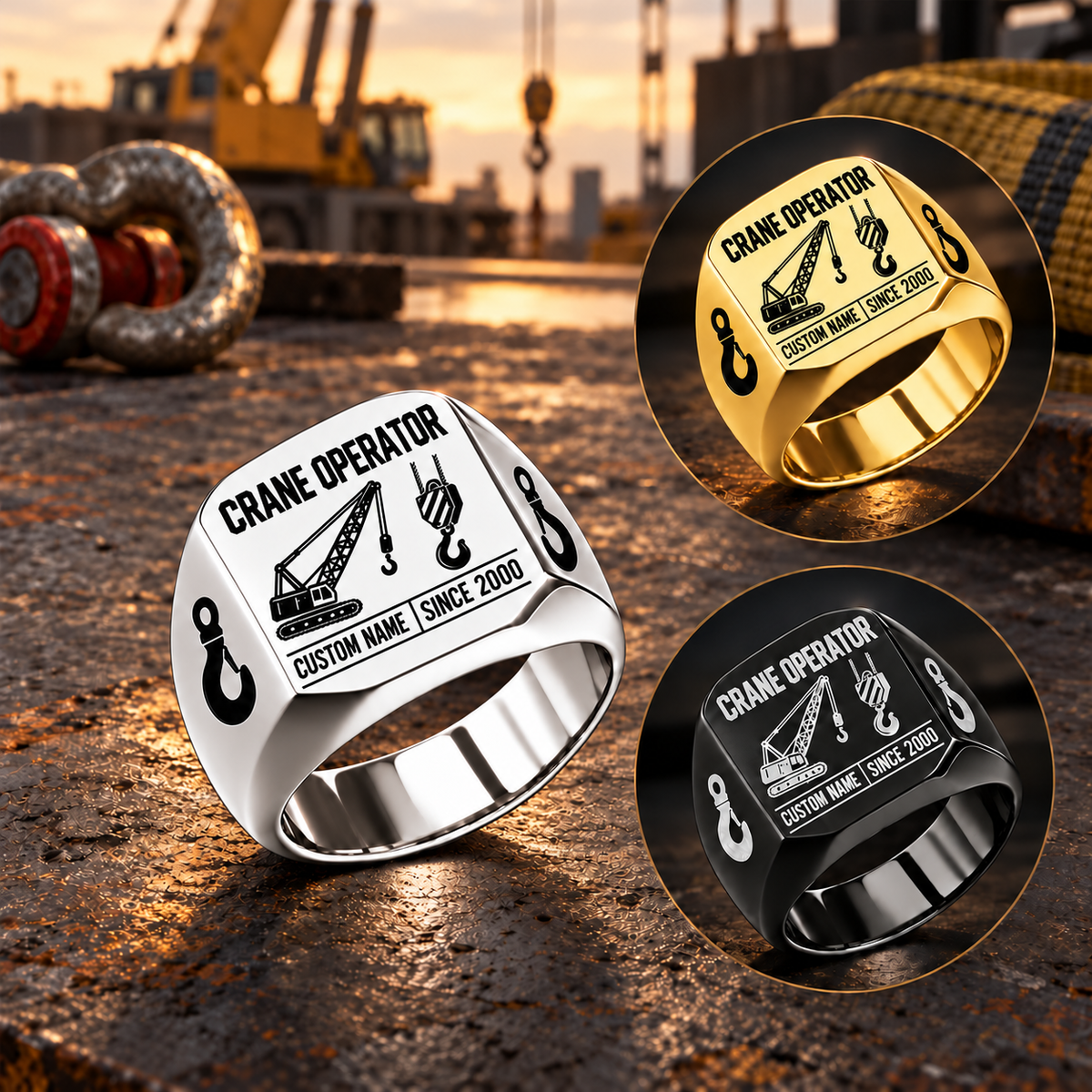 Crane Operator Twin Icons signet rings on a staged crane-rigging tabletop, with a dominant Silver finish and separate Gold and Black inset views