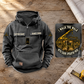 Crane Operator Walk the Walk Badge Vintage Hoodie in Dark Gray on a warm planning workbench, dominant front with complete back-art detail inset.