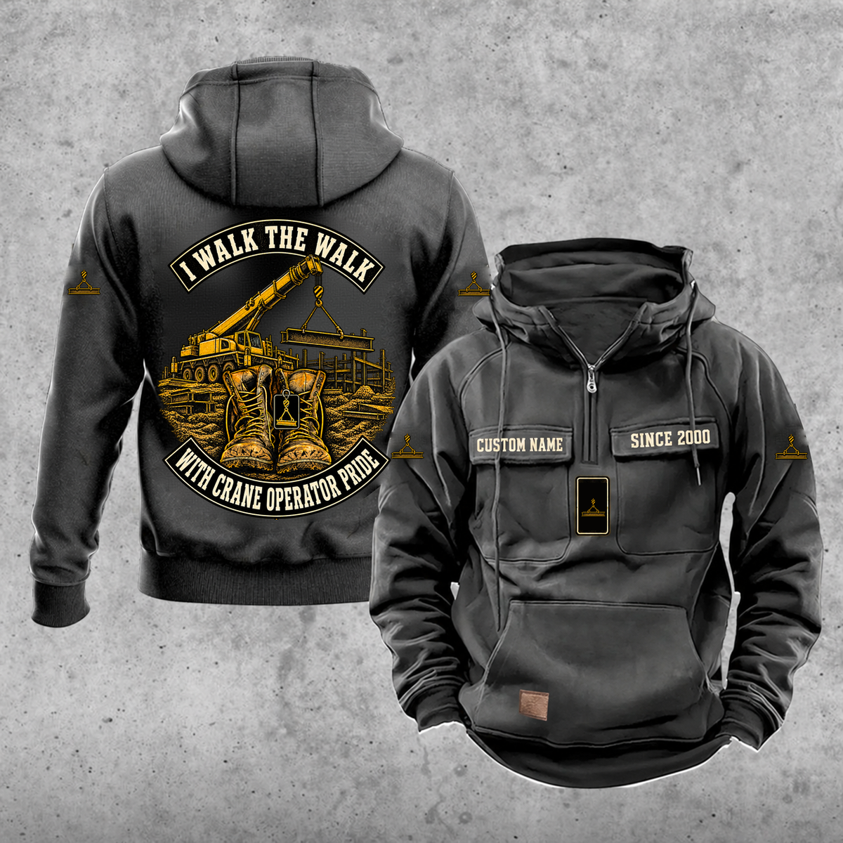 Crane Operator Walk the Walk Badge Vintage Hoodie in Dark Gray, front and back, with work boots and a mobile crane lifting a steel beam by cable hook and two-leg sling, matching sleeve and chest emblems, and illustrative CUSTOM NAME and SINCE 2000 text.