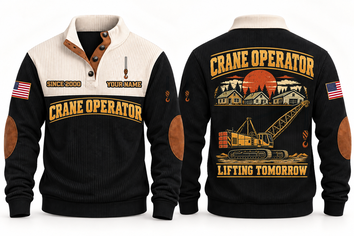 Crane Operator Lifting Tomorrow Sports Sweatshirt in Black, front and back views with occupation artwork and original sample YOUR NAME and SINCE 2000 text