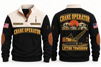Crane Operator Lifting Tomorrow Sports Sweatshirt in Black, front and back views with occupation artwork and original sample YOUR NAME and SINCE 2000 text