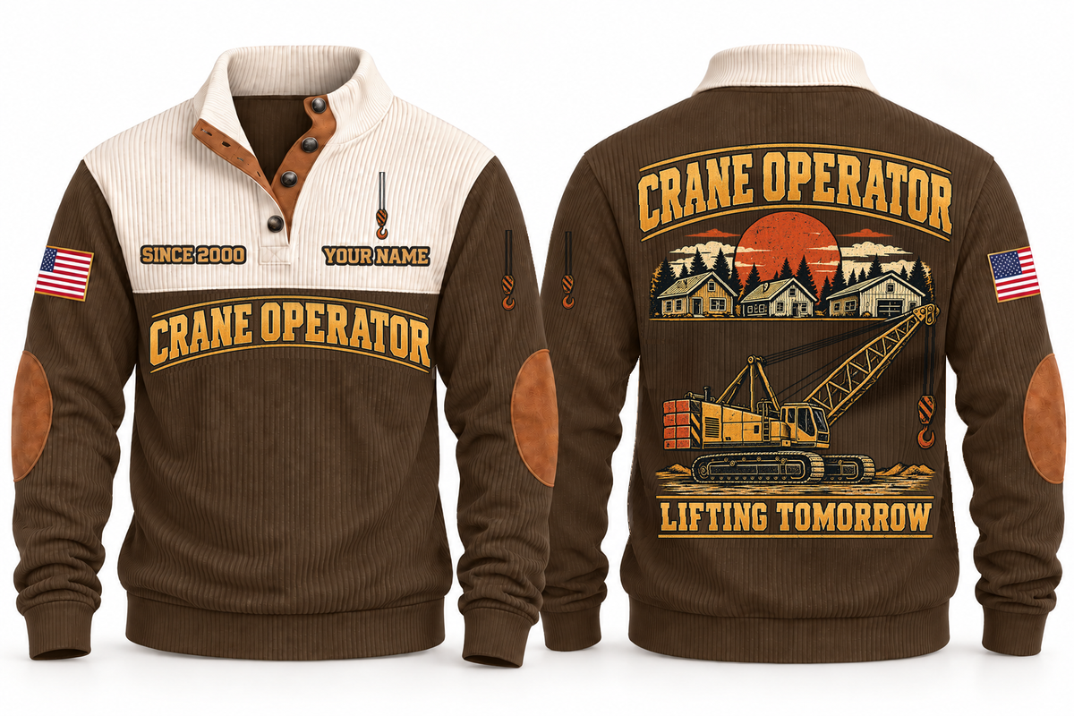 Crane Operator Lifting Tomorrow Sports Sweatshirt in Brown, front and back views with occupation artwork and original sample YOUR NAME and SINCE 2000 text