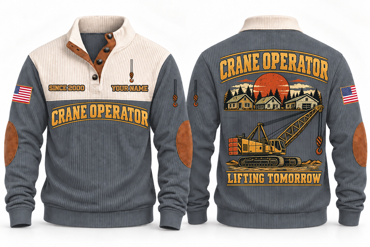 Crane Operator Lifting Tomorrow Sports Sweatshirt in Grey, front and back views with occupation artwork and original sample YOUR NAME and SINCE 2000 text