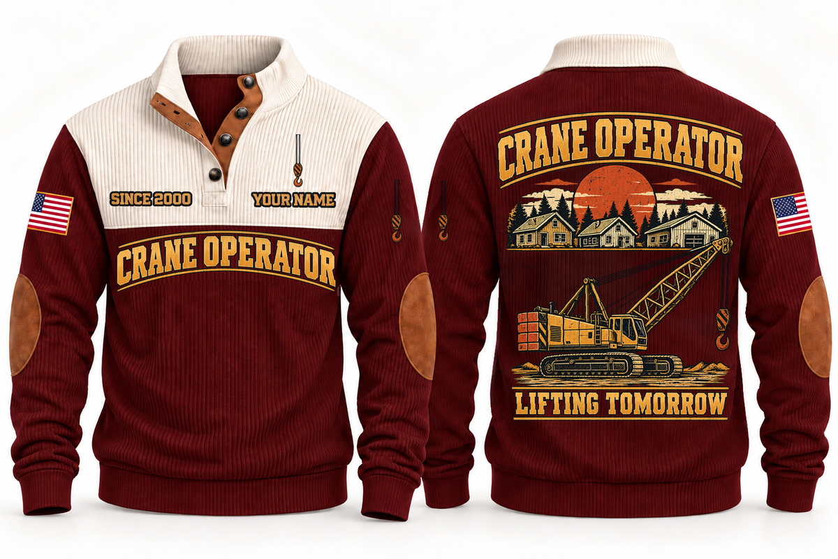 Crane Operator Lifting Tomorrow Sports Sweatshirt in Jujube Red, front and back views with occupation artwork and original sample YOUR NAME and SINCE 2000 text