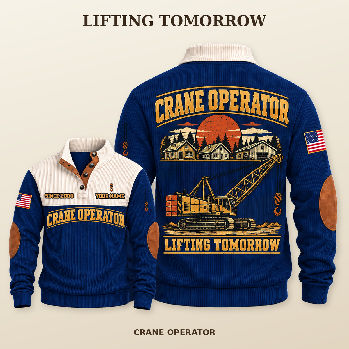 Crane Operator Lifting Tomorrow Sports Sweatshirt in Navy, source-supported front and back studio composition