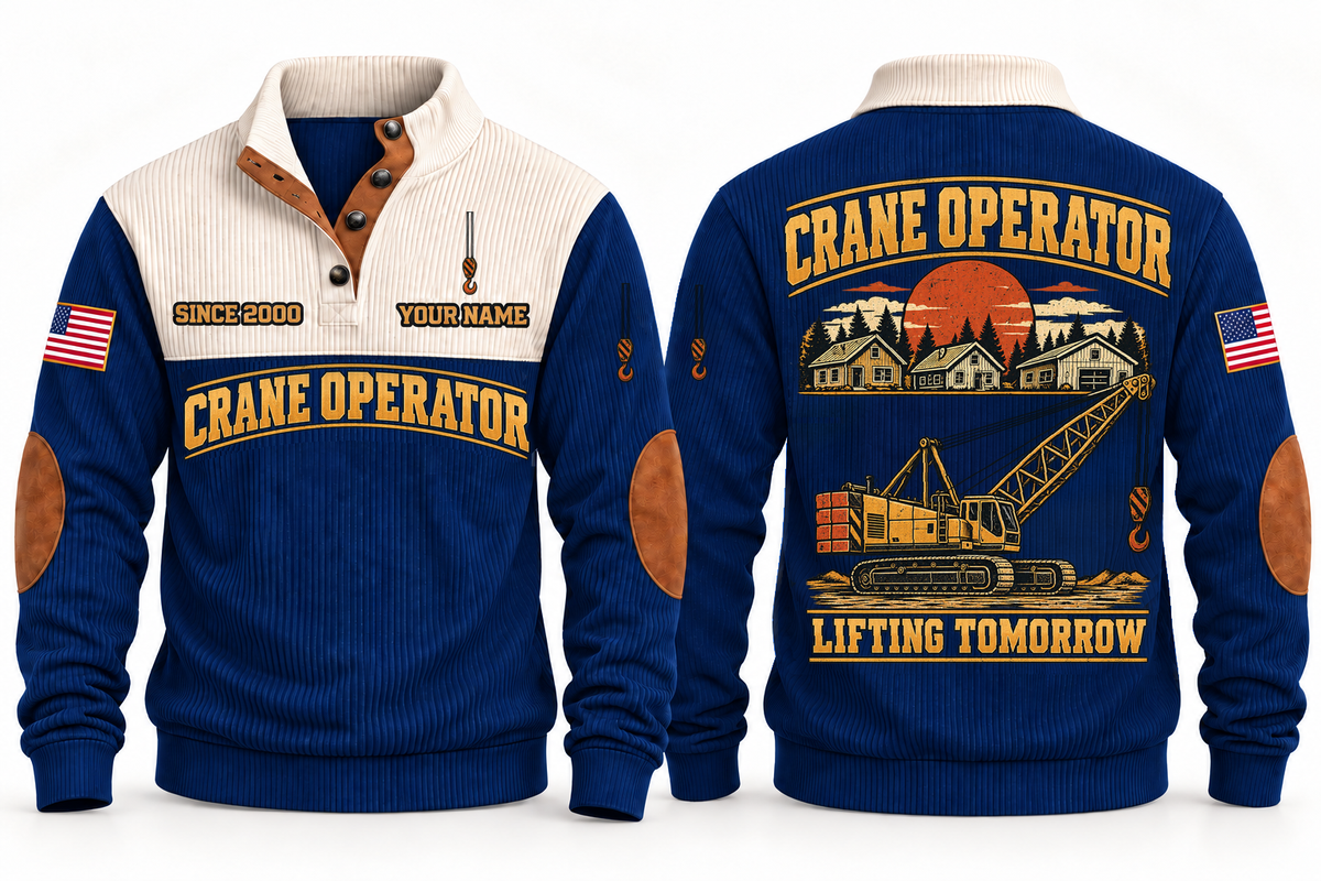 Crane Operator Lifting Tomorrow Sports Sweatshirt in Navy, front and back views with occupation artwork and original sample YOUR NAME and SINCE 2000 text
